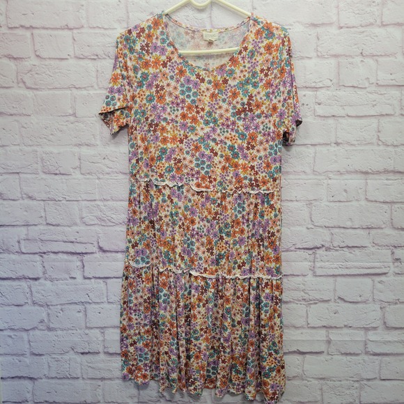 Greige Dresses & Skirts - Greige Floral Tiered Cottage Dress Sz L Stretch Boho Lightweight Feminine Summer